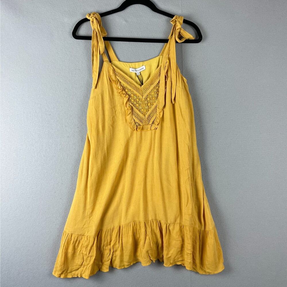 Heartloom Crochet Mini Dress Womens XS Yellow Ruffle Sleeveless Tie Boho Peasant